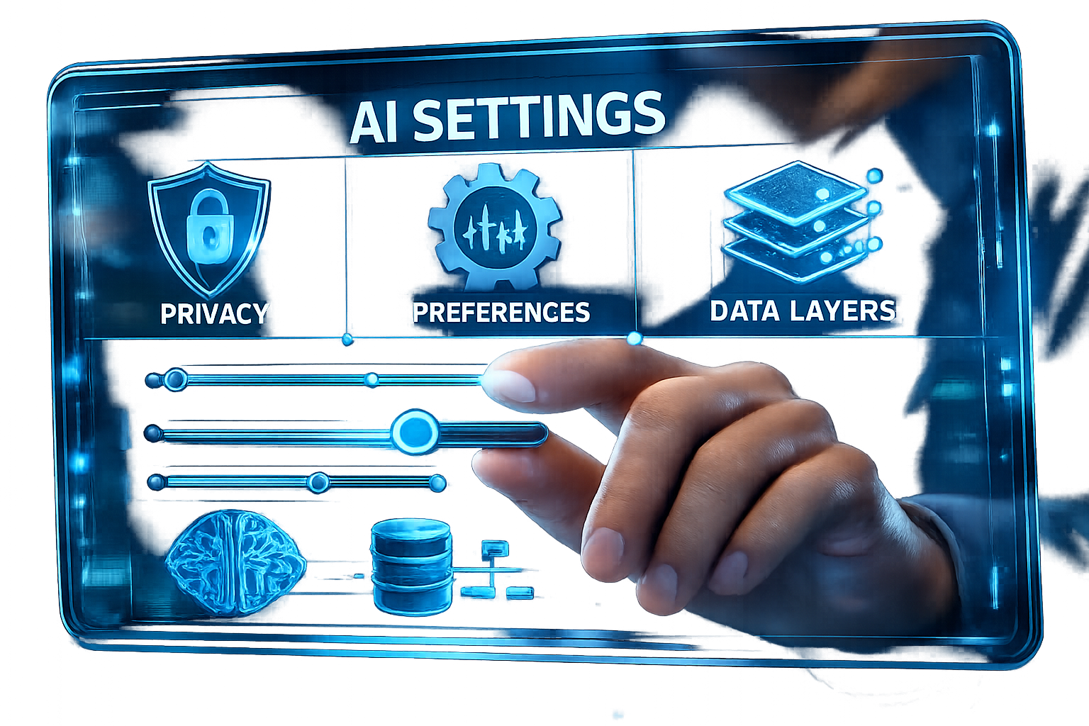 User managing AI privacy and data settings on a transparent digital interface