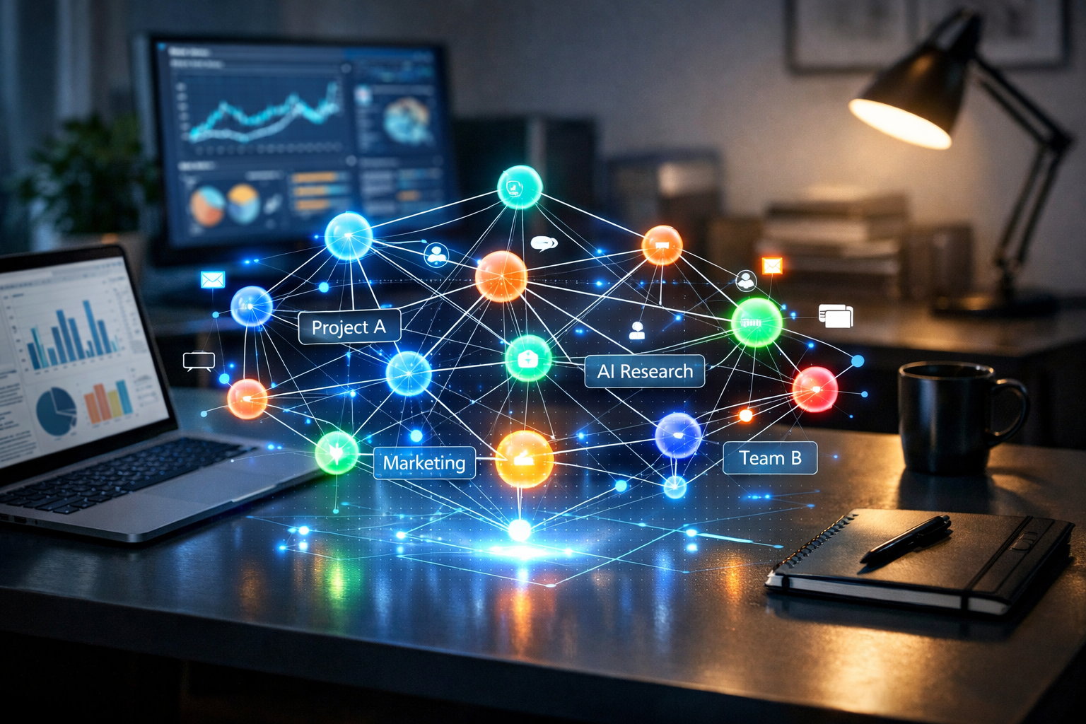 Workspace with holographic knowledge graph data visualizations