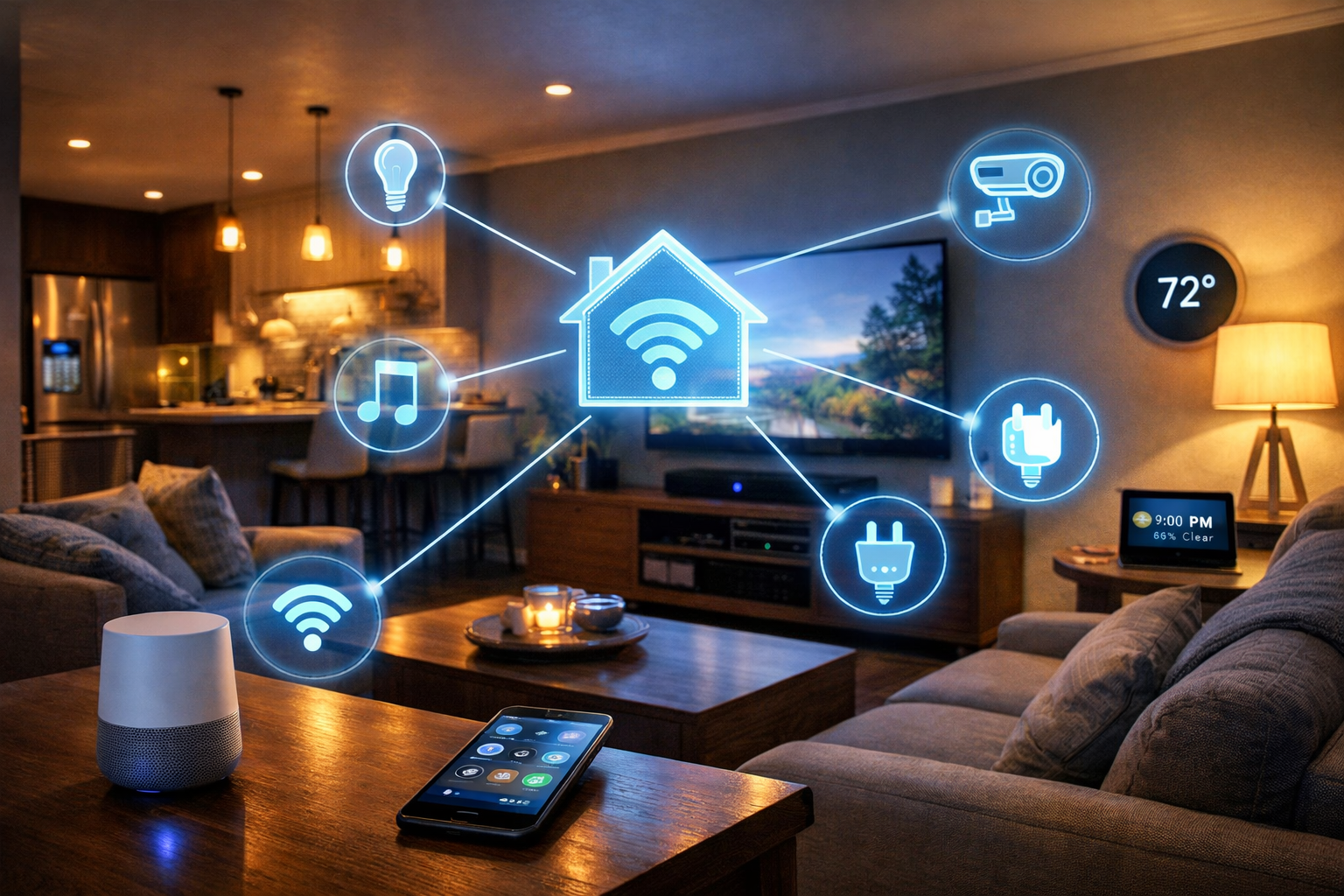 Smart home interior with adaptive lighting and AI system