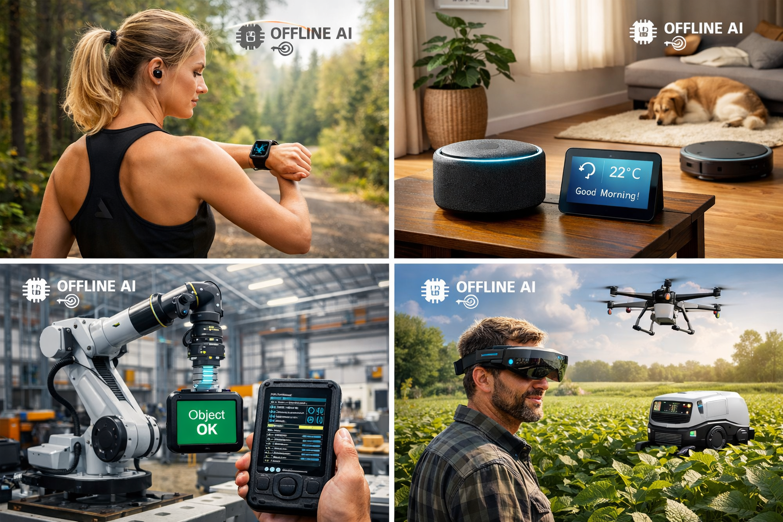 Composite image of offline AI used in smart devices, wearables, and industrial tools