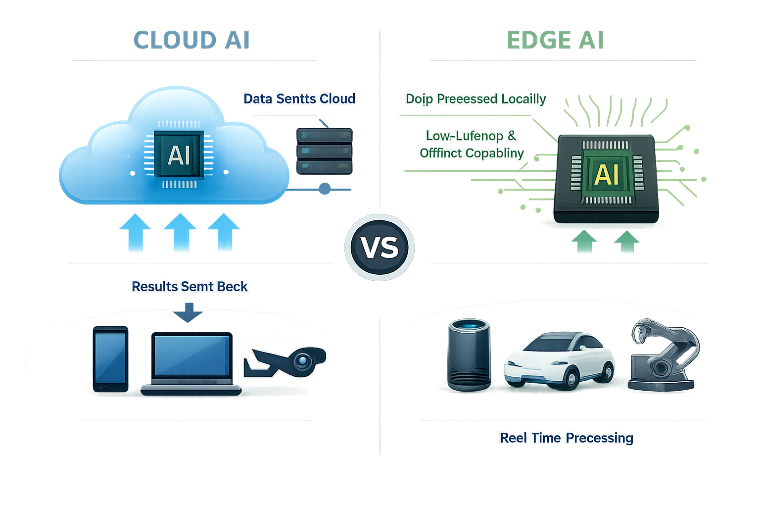 Infographic comparing cloud AI and edge AI processing