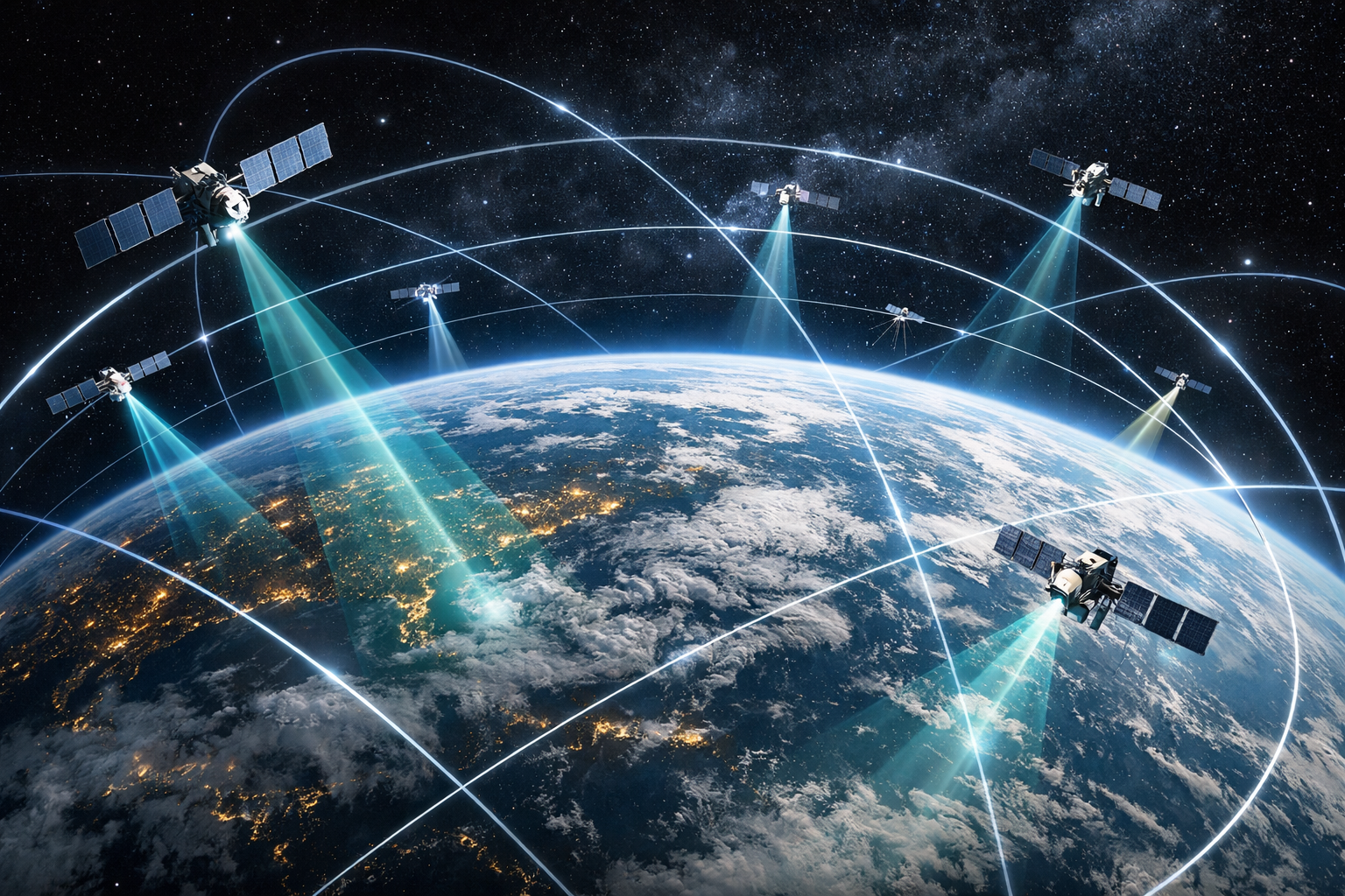 LEO satellites orbiting Earth with communication paths visualized