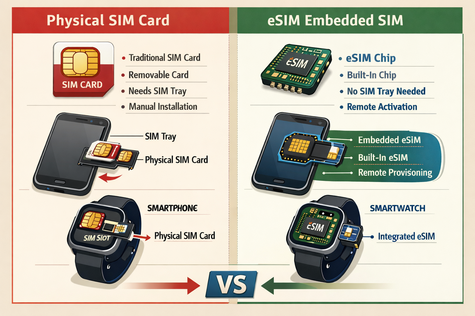 Infographic comparing eSIM and physical SIM card