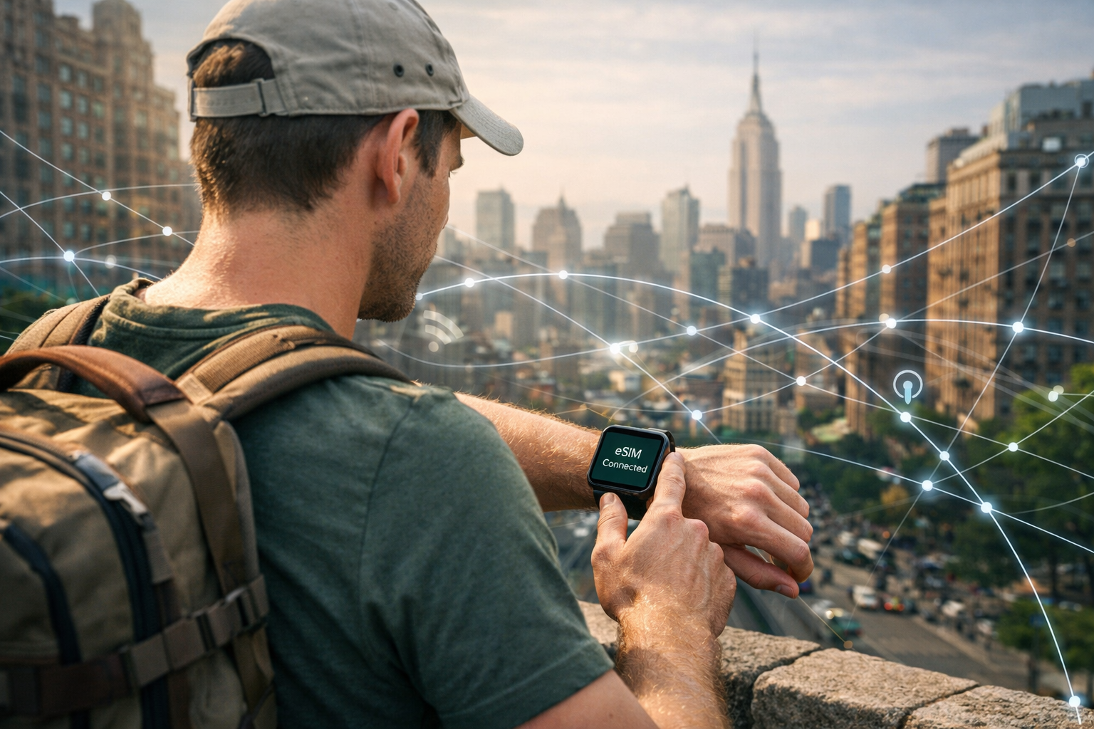 Traveler using an eSIM-enabled smartwatch while exploring