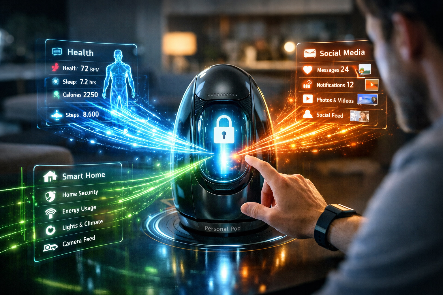 User interacting with a holographic interface powering health, smart home, and social data pods