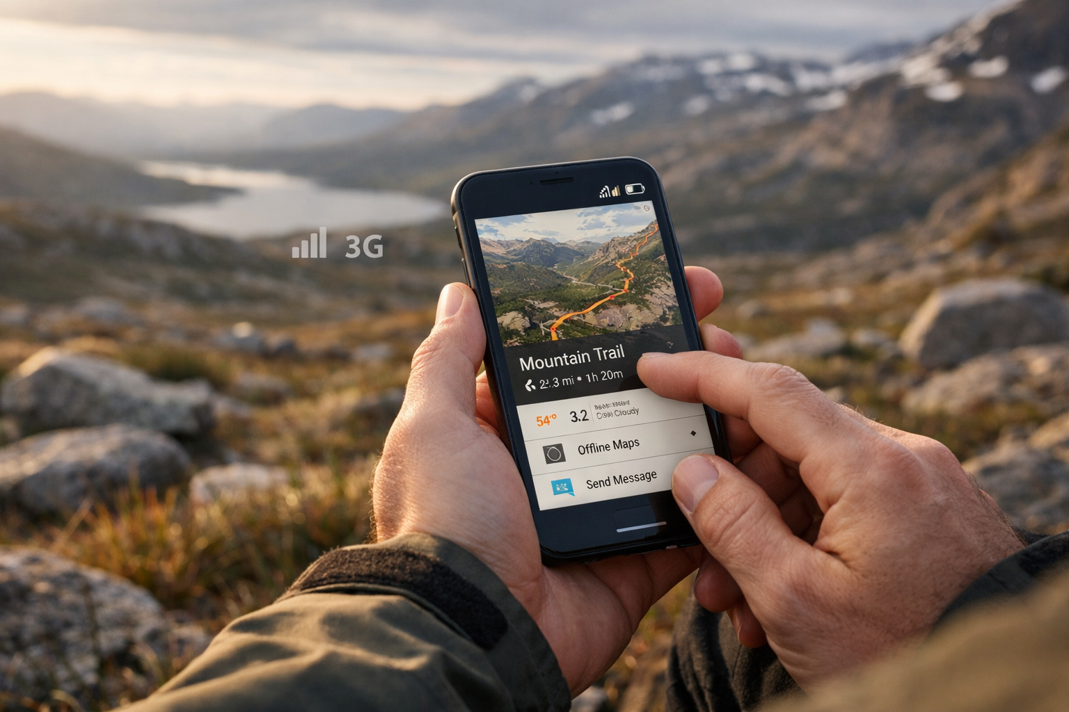 Person using a mobile app in a remote outdoor area