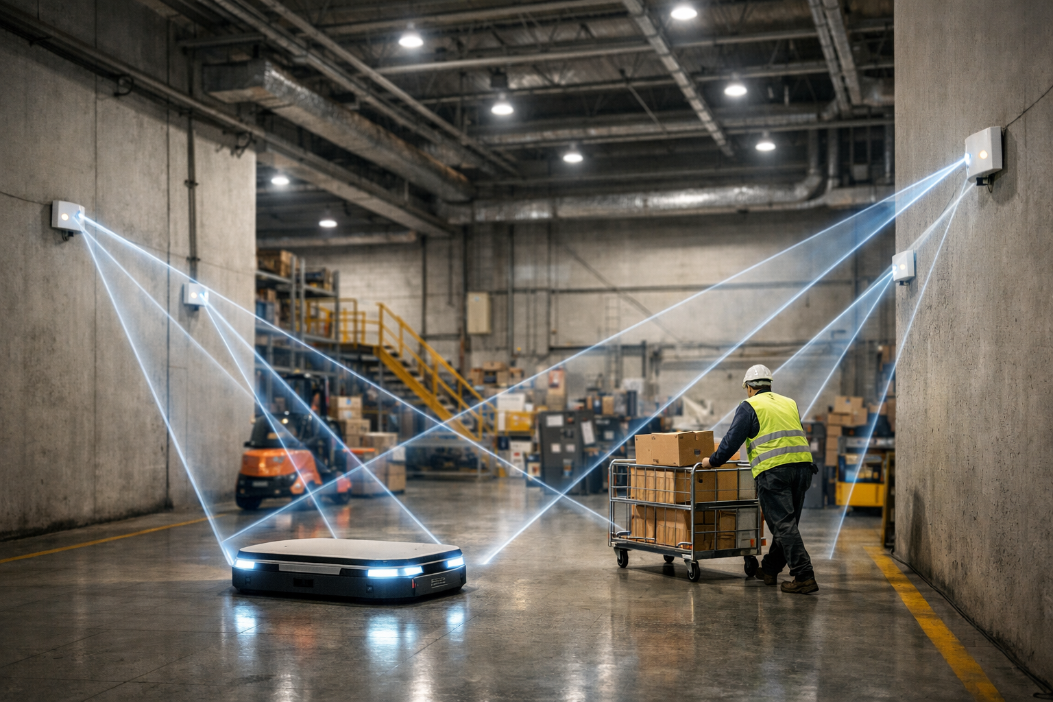 Industrial indoor scene with UWB anchors tracking moving objects