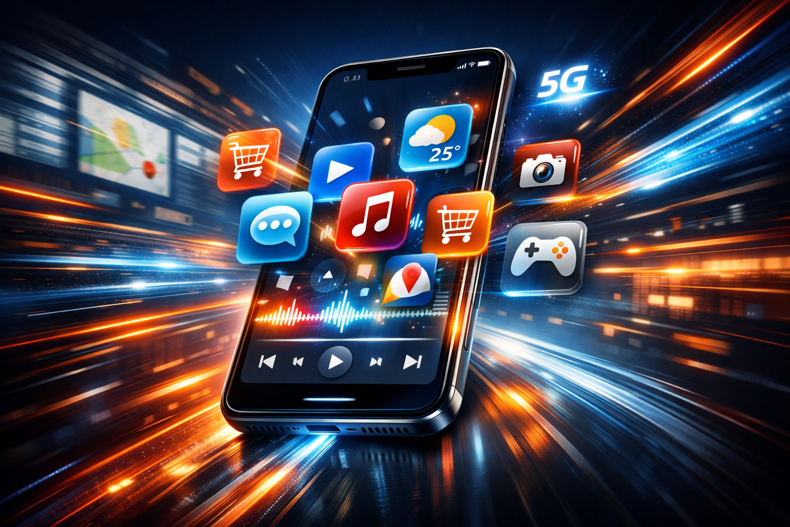 Smartphone showing fast performance indicators and glowing app elements.