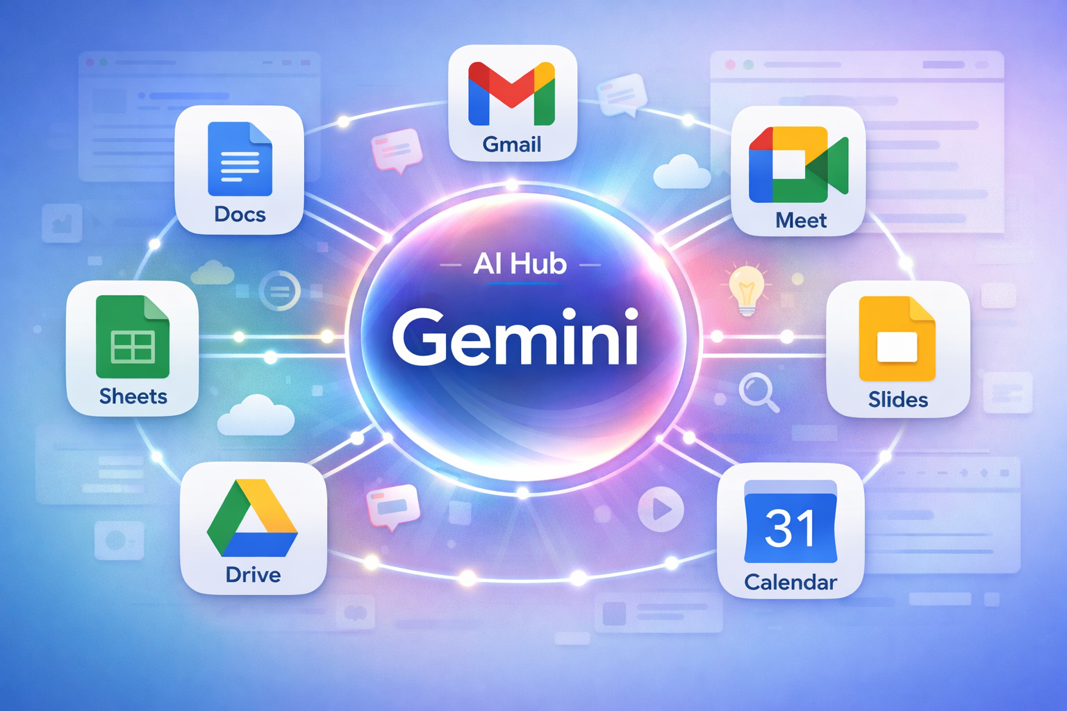 Illustration of Google Workspace apps interconnected with Gemini AI