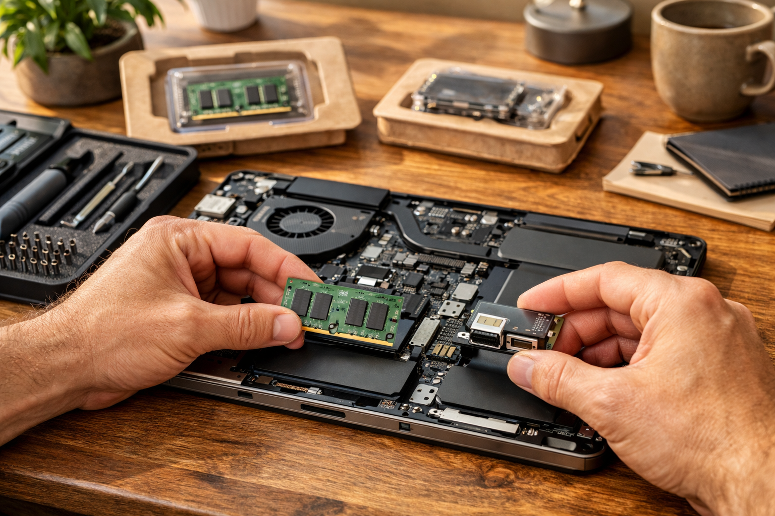 Hands upgrading a modular laptop by installing a memory module and expansion port card