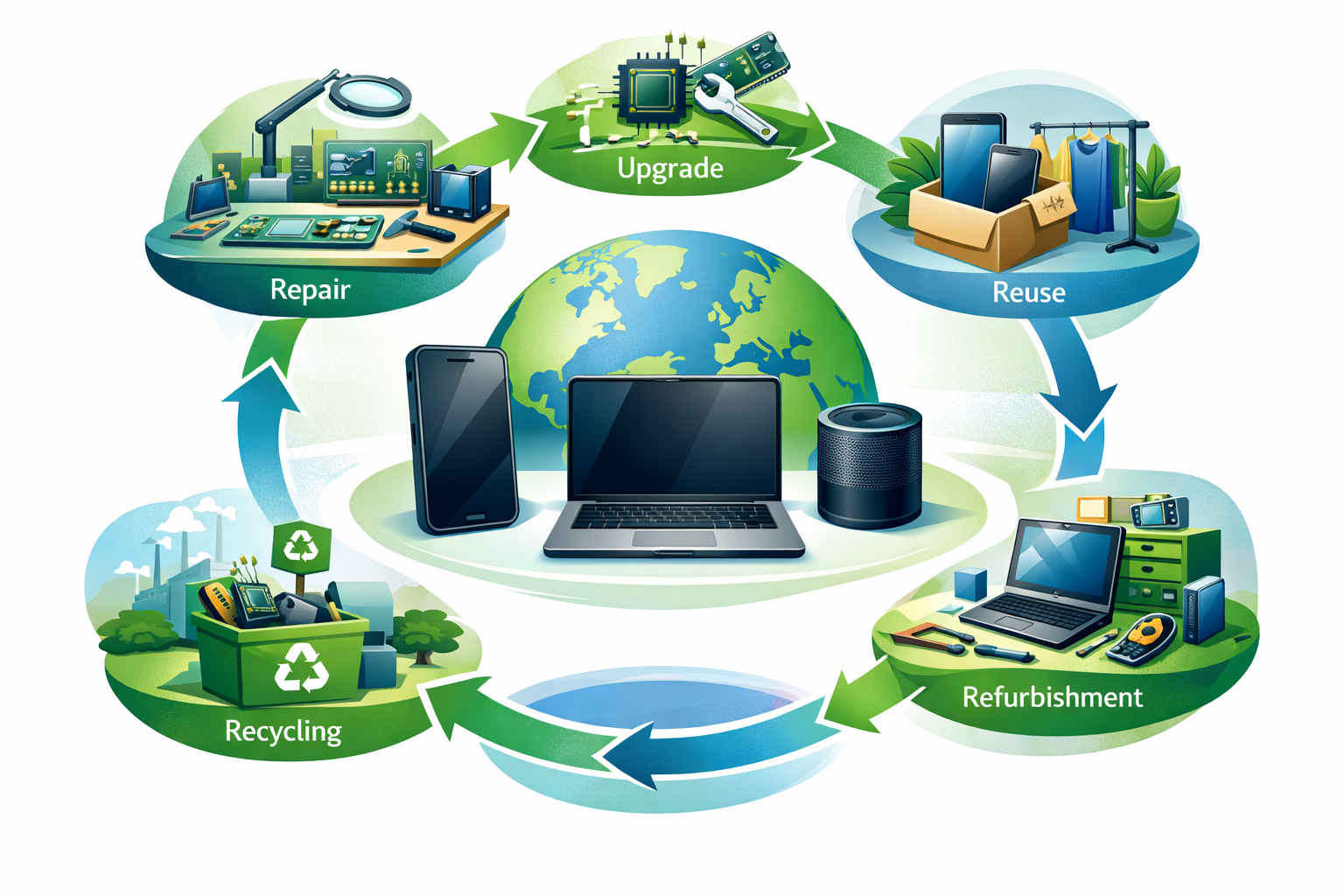 Circular electronics economy showing repair, upgrade, reuse, refurbishment, and recycling for everyday devices