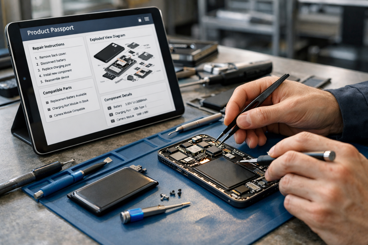 Electronics repair technician using a tablet with repair instructions beside an open smartphone