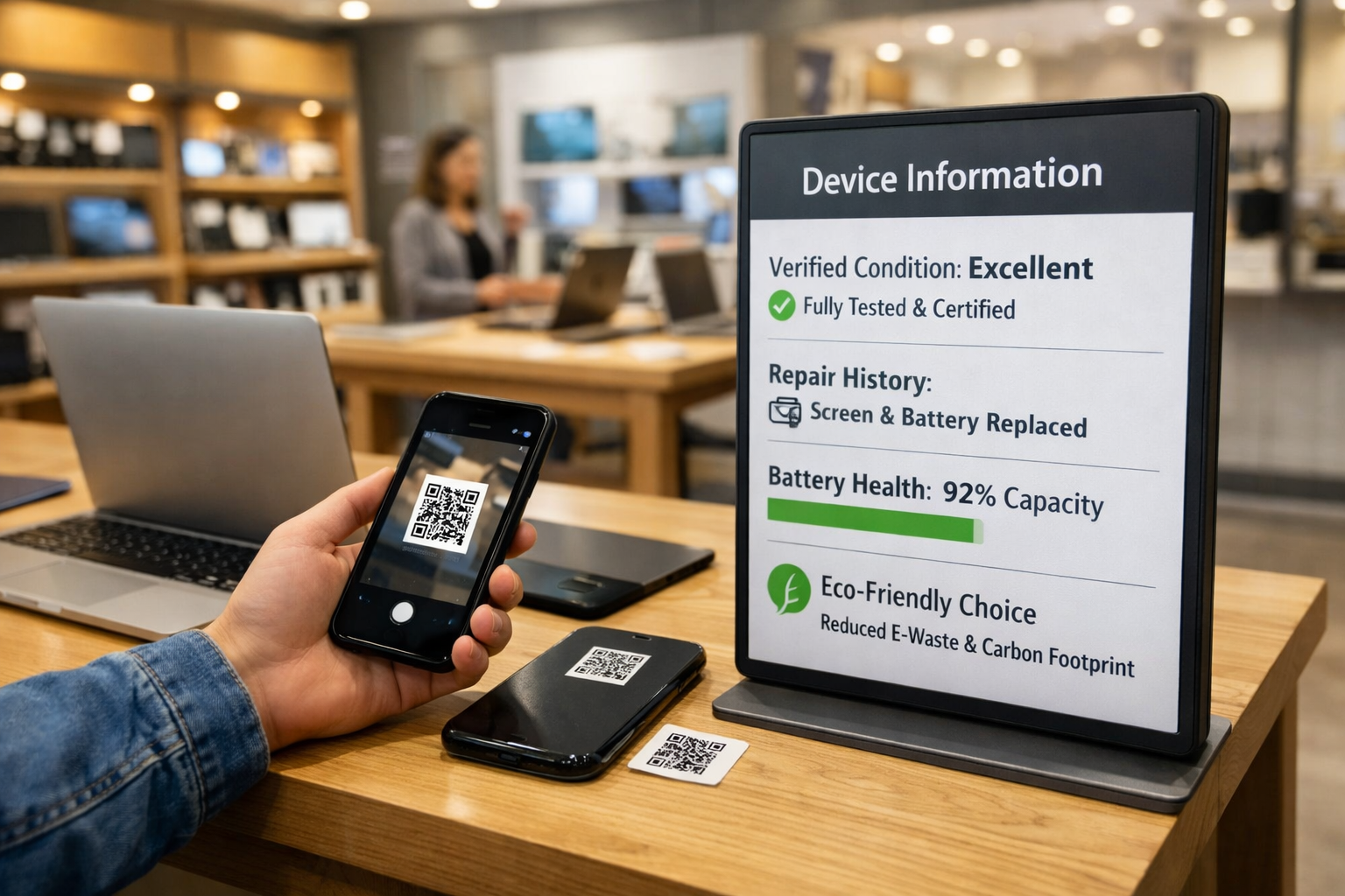 Customer scanning a QR code on a refurbished electronic device in a modern electronics store