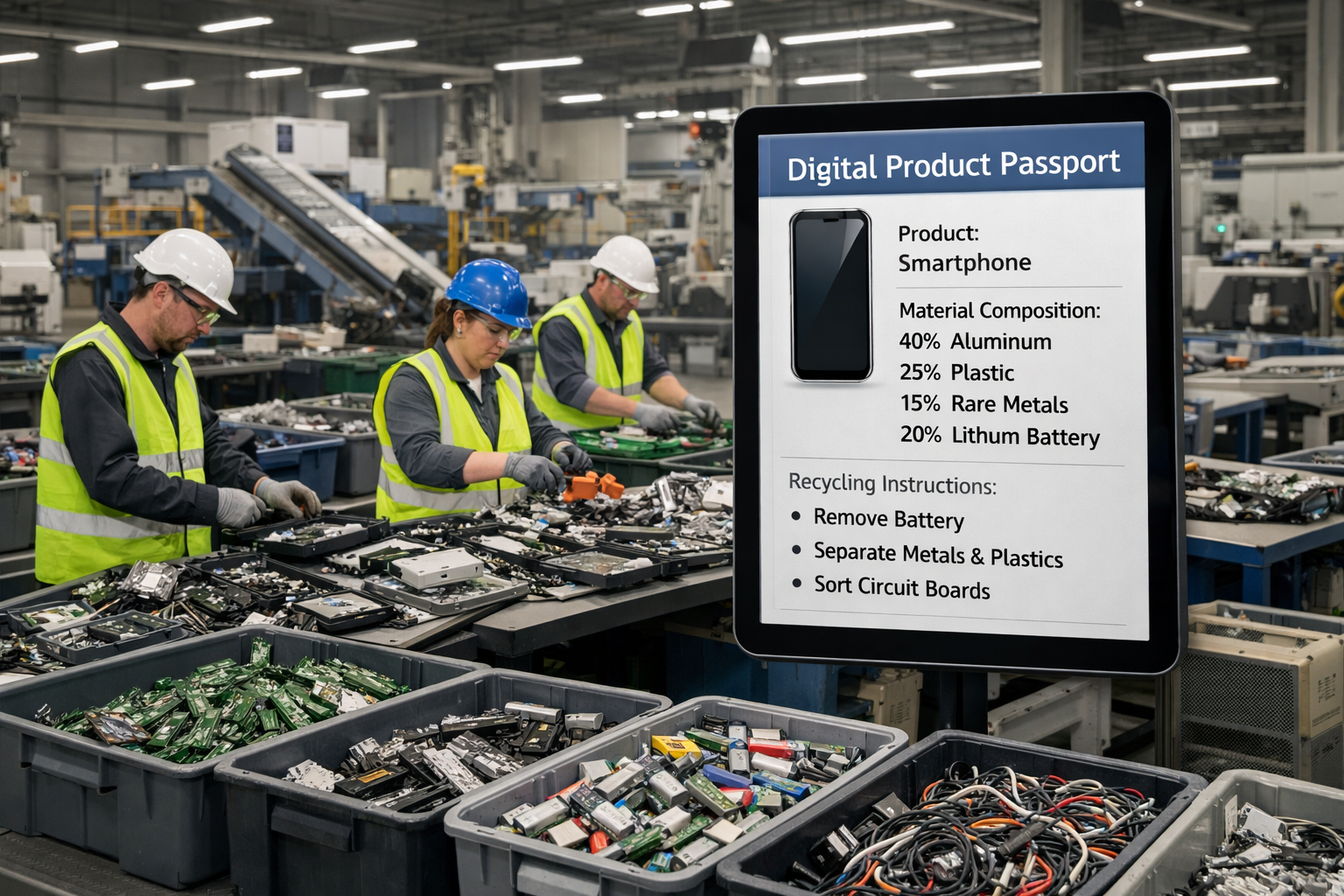 Workers sorting electronic components and batteries at an advanced recycling facility with digital product data