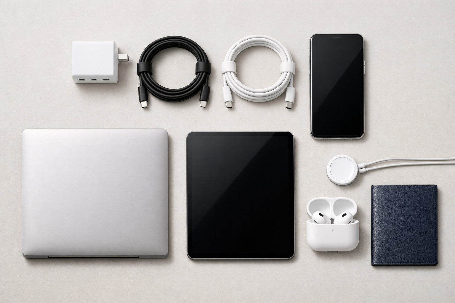 Organized travel essentials with a multi-port USB-C Power Delivery charger, cables, laptop, phone, tablet, earbuds, and passport
