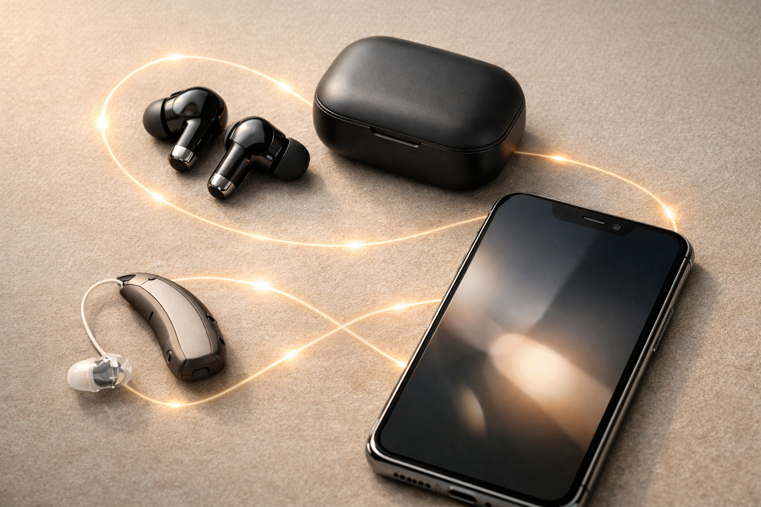 Wireless earbuds, charging case, smartphone, and hearing device arranged with Bluetooth connection lines
