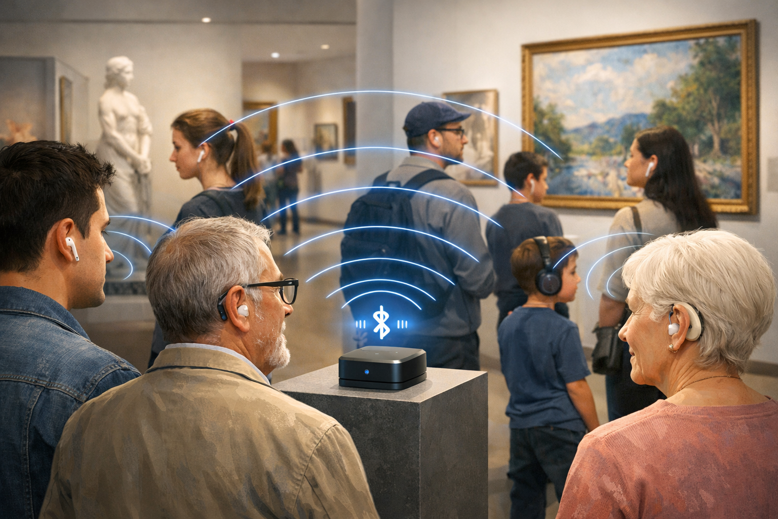 Museum visitors using earbuds and hearing aids to receive a shared Bluetooth audio guide