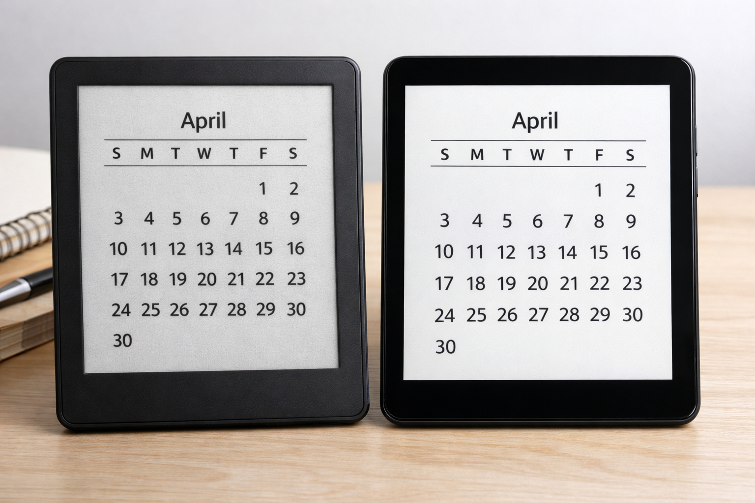 Comparison of a matte paper-like E-Ink display and a glowing traditional tablet showing a calendar