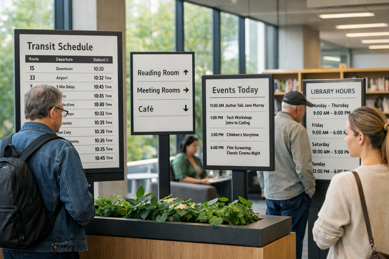 Modern public information area with E-Ink displays showing schedules and directional guidance