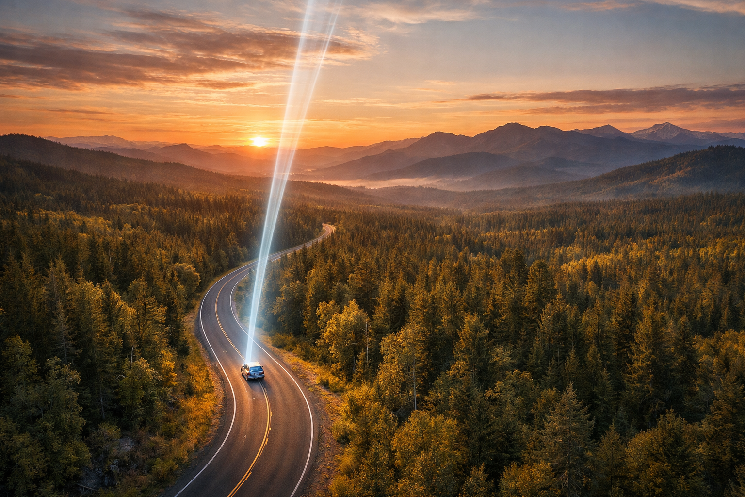 Car traveling on a remote rural road through forest and mountains beyond cellular coverage