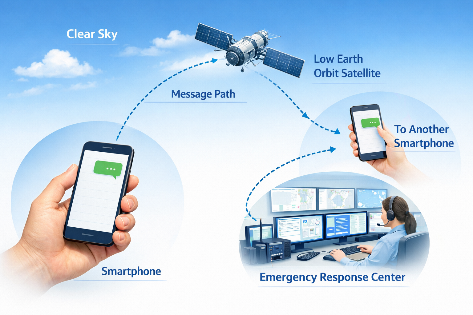 Illustration of a smartphone sending a message through a low Earth orbit satellite to a recipient and emergency response center