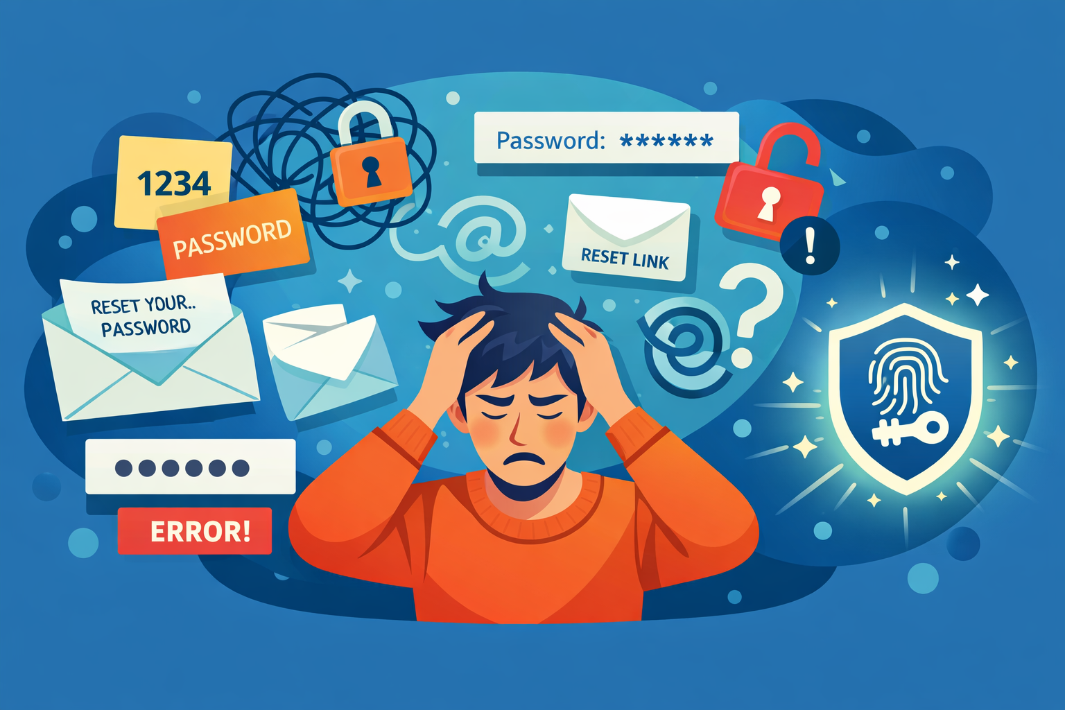 Illustration of password frustration contrasted with a simple biometric passkey sign-in