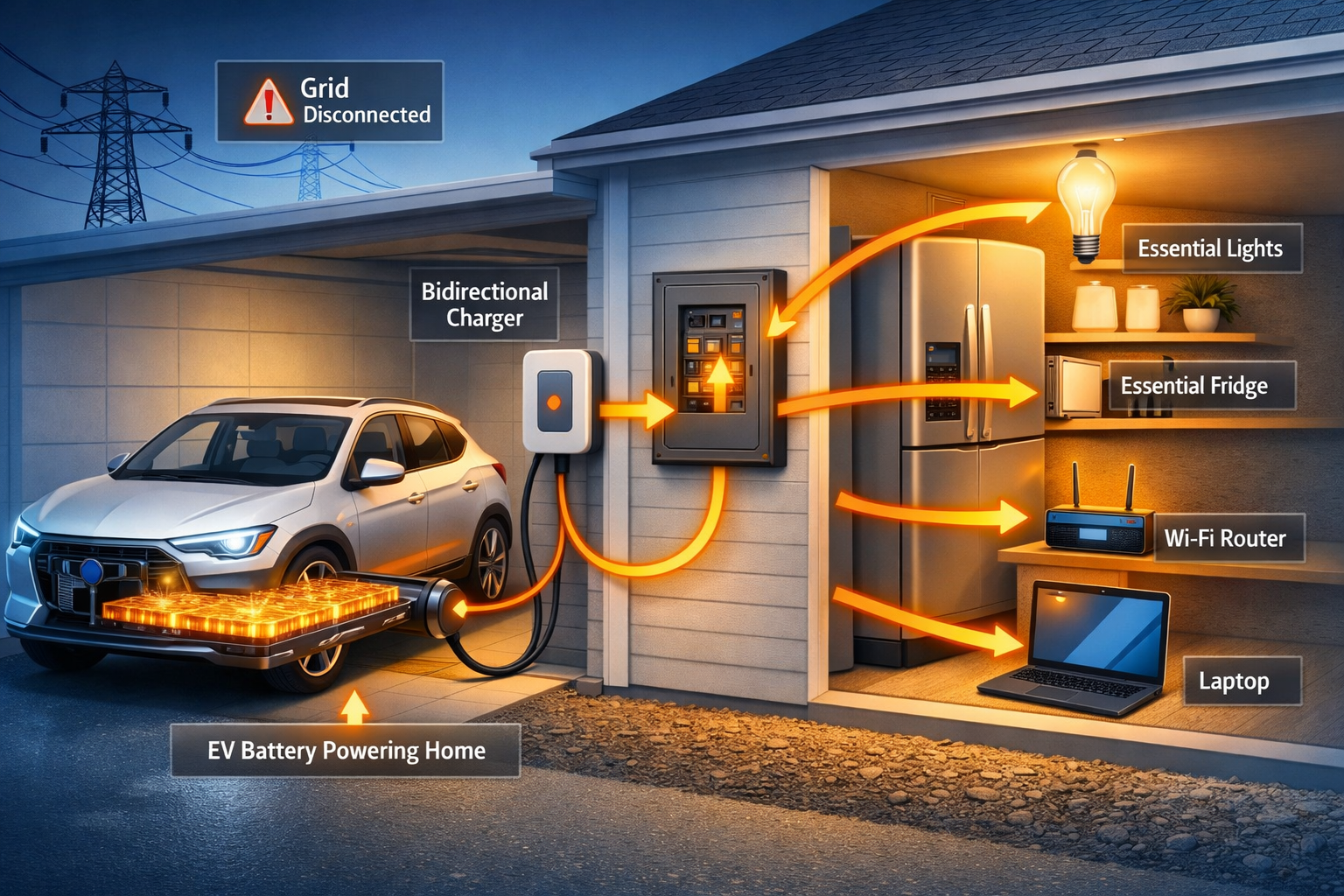 Diagram showing energy flowing from an electric vehicle battery through a bidirectional charger to essential home appliances during an outage
