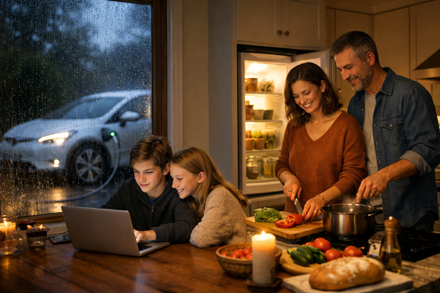 Family using a lit kitchen during a storm outage while an electric vehicle provides backup power outside