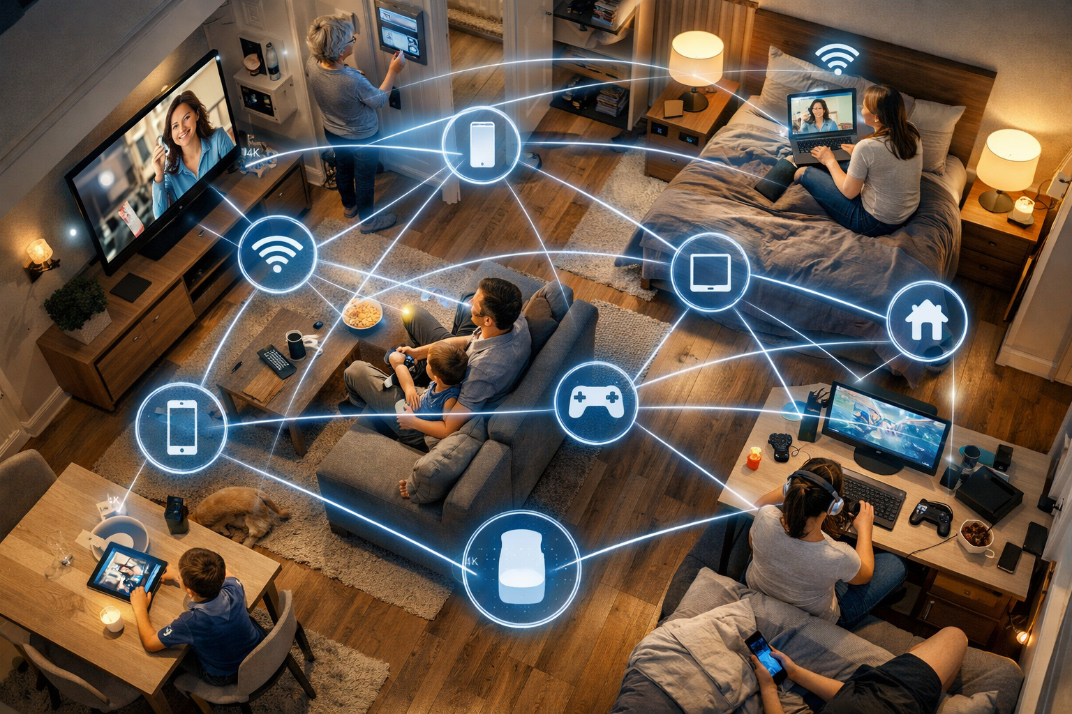 Busy household using laptops, television, tablets, gaming console, and smart home devices on one Wi-Fi network