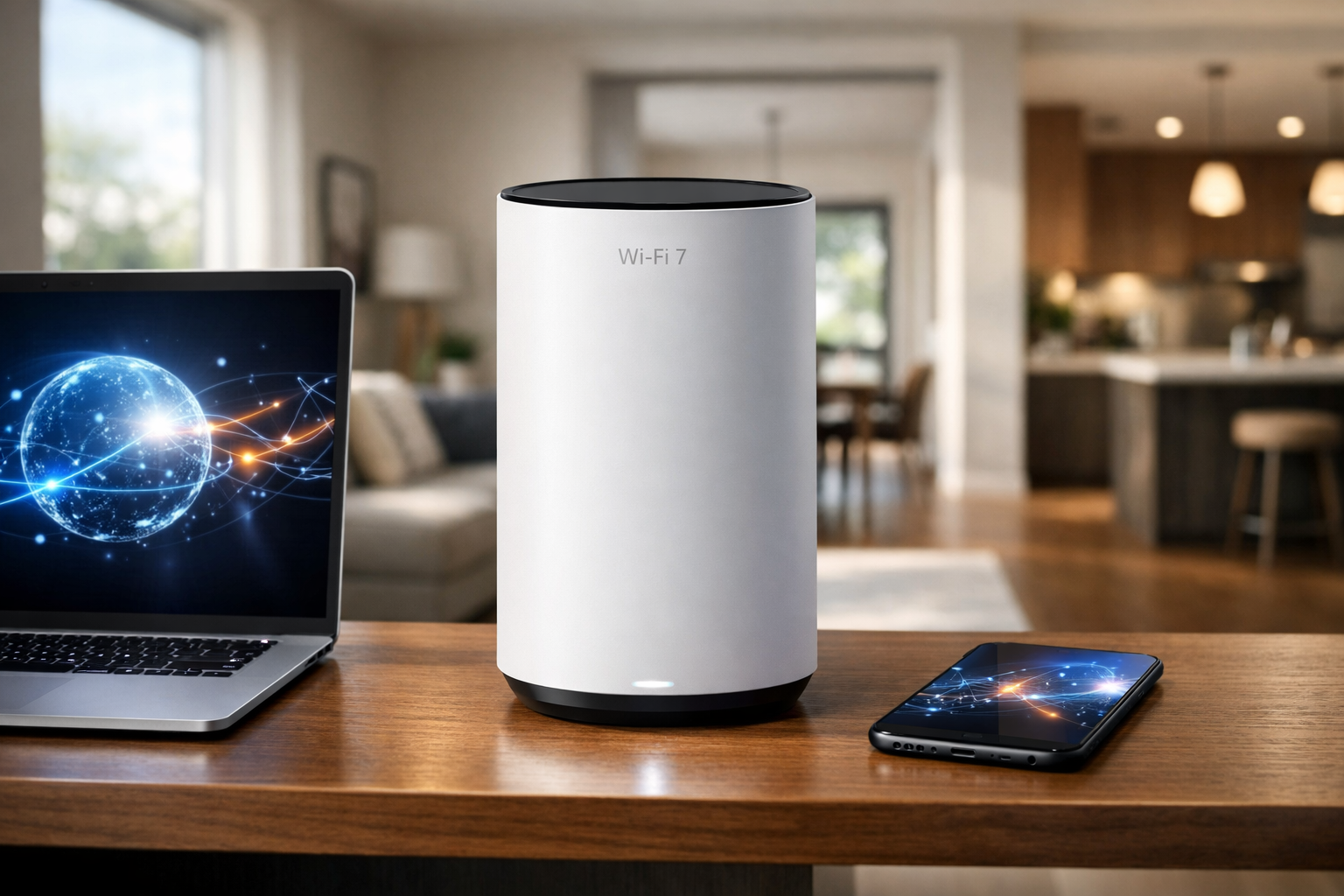 Wi-Fi 7 mesh router positioned centrally on an open shelf for broad home wireless coverage