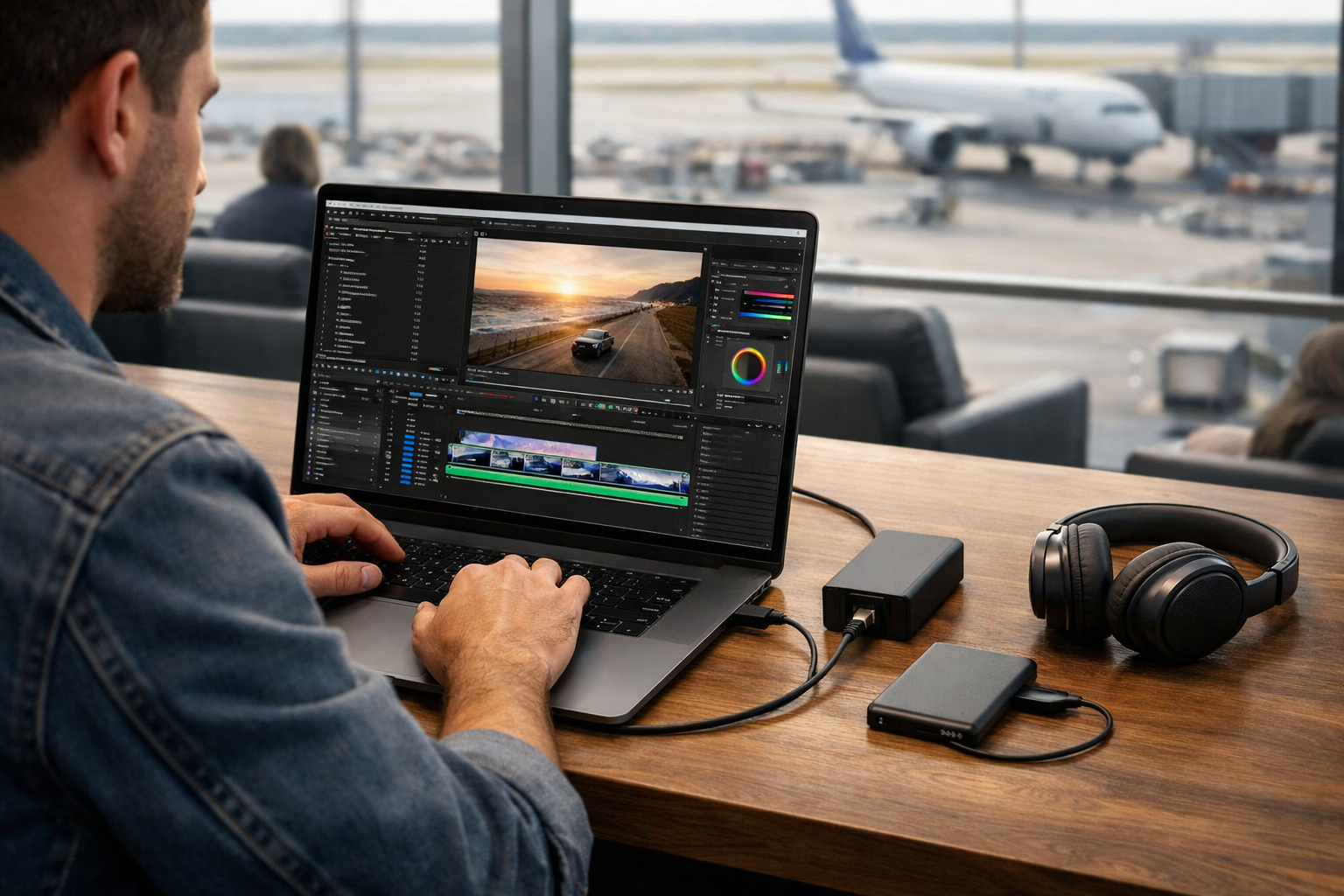 Traveling creative professional using a high-performance laptop powered by a compact USB-C charger and battery pack