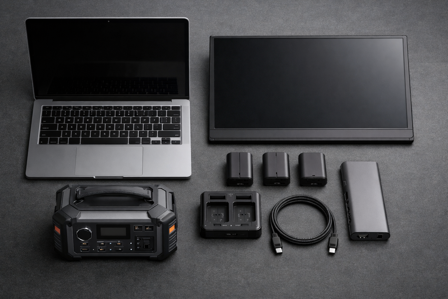 USB-C laptop, portable monitor, compact power station, camera batteries, dock, and cable arranged as a high-power portable gear kit